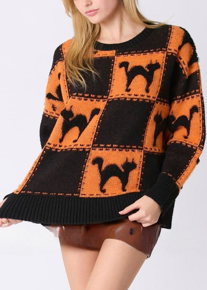 Orange Animal Cozy Knit Sweater O Neck Fall