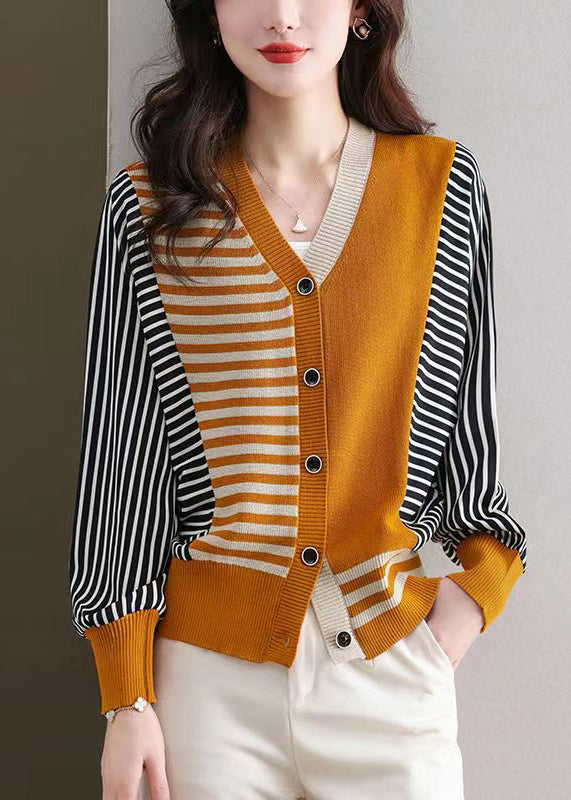 Orange Button Cozy Knit Cardigan V Neck Long Sleeve