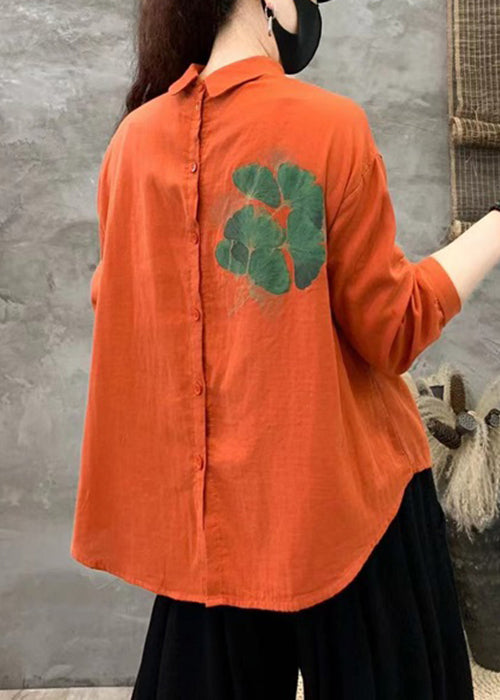 Orange Button Linen Shirt Peter Pan Collar Long Sleeve