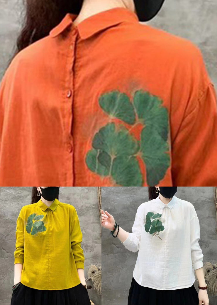 Orange Button Linen Shirt Peter Pan Collar Long Sleeve
