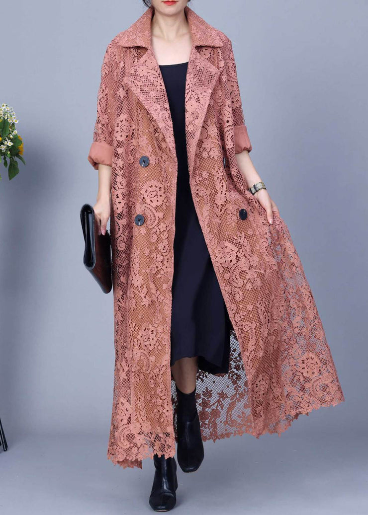 Orange Button Pockets Long Trench Coat Embroidered Fall