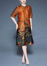 Orange Button Print Silk Dresses O-Neck Short Sleeve