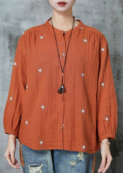 Orange Comfortable Cotton Blouses Embroidered Spring