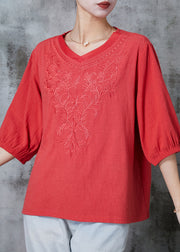 Orange Cotton Shirt Tops V Neck Embroidered Half Sleeve