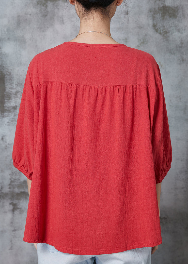 Orange Cotton Shirt Tops V Neck Embroidered Half Sleeve