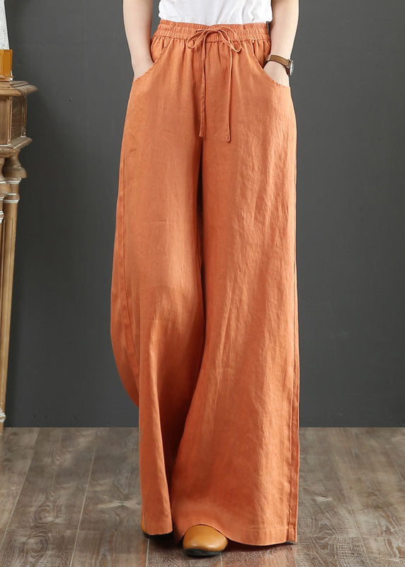 Orange-print3 Elastic Waist Linen Straight Pants Solid Color Drawstring Summer