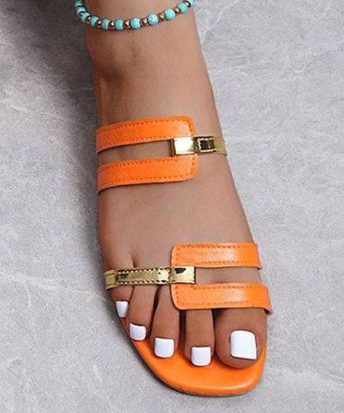 Orange Faux Leather Peep Toe Splicing Flats Slide Sandals