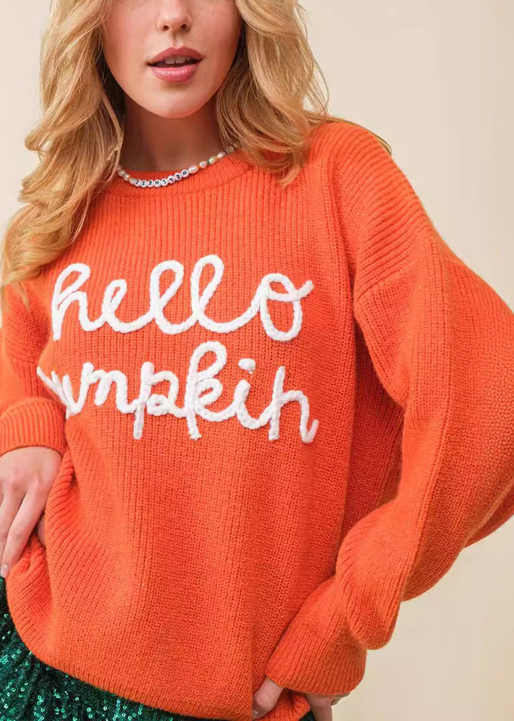 Orange Hollow Out Knit Sweaters O-Neck Long Sleeve