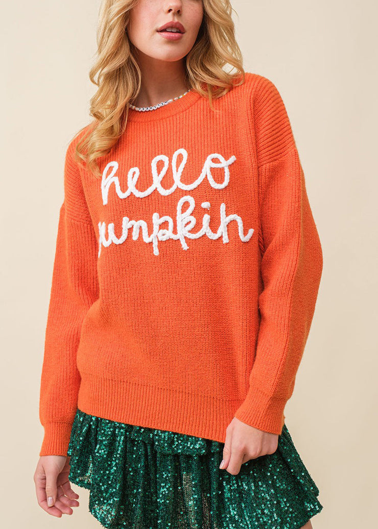 Orange Hollow Out Knit Sweaters O-Neck Long Sleeve