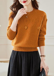 Orange Hollow Out Solid Knit Fall Sweaters O Neck