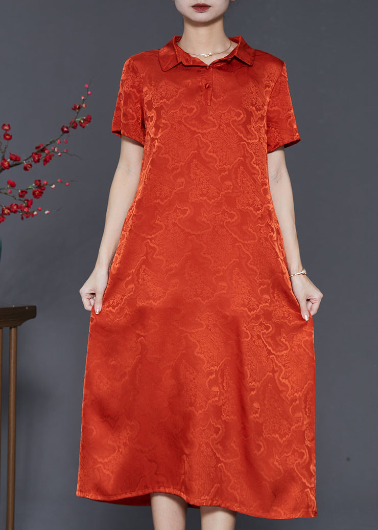 Orange Jacquard Silk Long Dress Exra Large Hem Summer