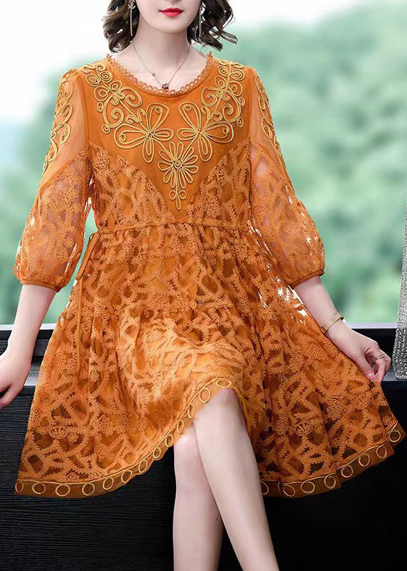 Orange Lace Holiday Dresses Cinched Exra Large Hem Summer