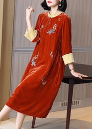 Orange Lace Up Silk Velour Long Dresses Stand Collar Spring