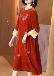 Orange Lace Up Silk Velour Long Dresses Stand Collar Spring