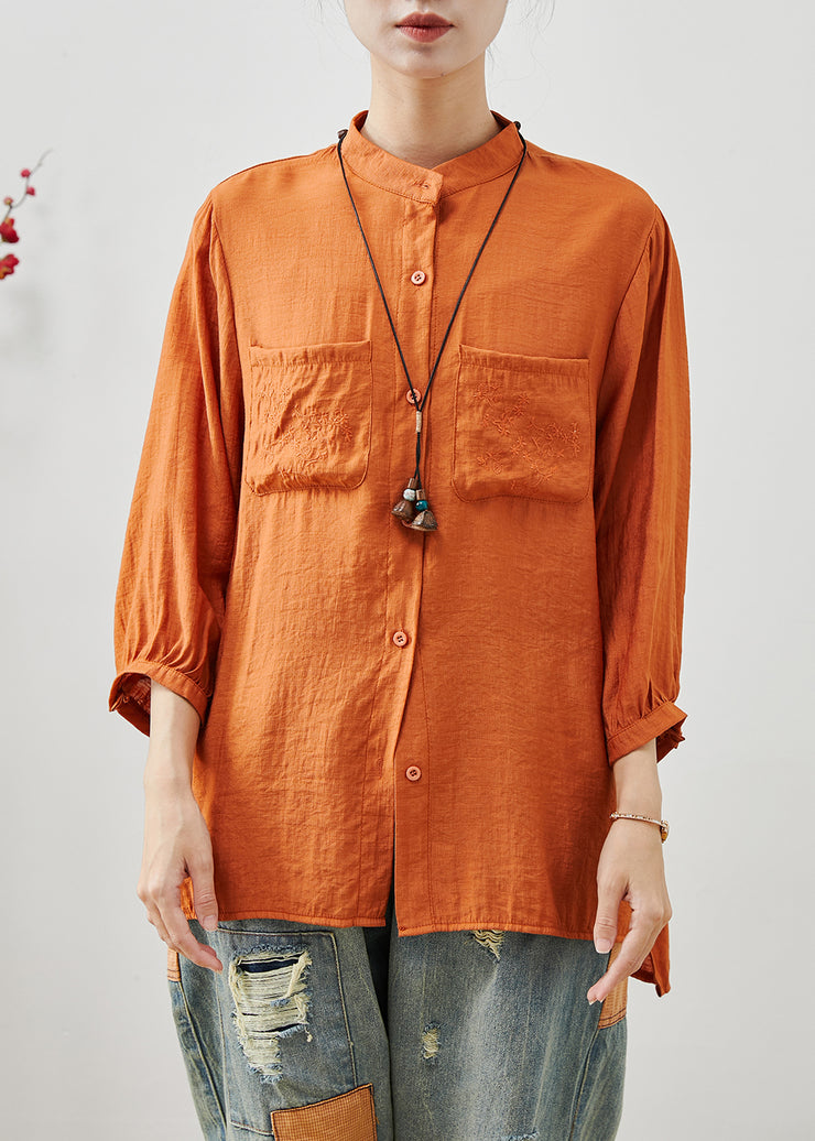 Orange Linen Blouse Top Stand Collar Embroidered Summer
