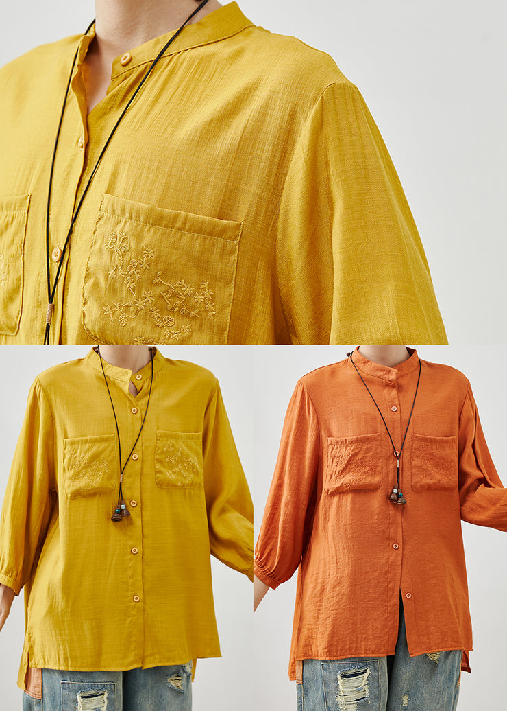 Orange Linen Blouse Top Stand Collar Embroidered Summer