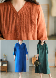 Yellow Loose Linen Long Dresses Button Solid Half Sleeve