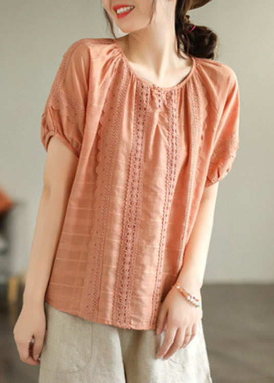 Orange O-Neck Button Solid Cotton Top Summer