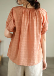 Orange O-Neck Button Solid Cotton Top Summer