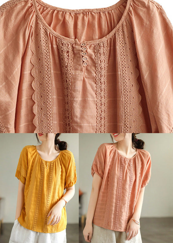 Orange O-Neck Button Solid Cotton Top Summer