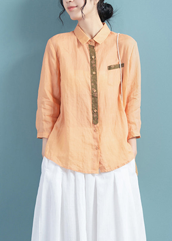 Orange Patchwork Button Ramie Shirts Fall