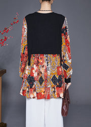 Orange Patchwork Chiffon Knit Fake Two Piece Blouses Fall