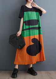 Orange Patchwork Cotton Pleated Dress Oversized Summer