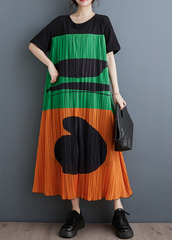 Orange Patchwork Cotton Pleated Dress Oversized Summer