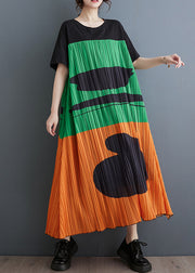 Orange Patchwork Cotton Pleated Dress Oversized Summer