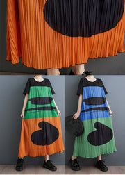 Orange Patchwork Cotton Pleated Dress Oversized Summer