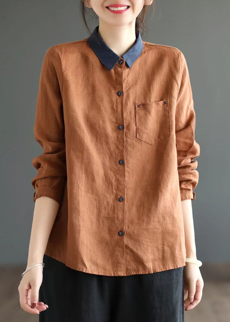 Orange Patchwork Linen Blouses Peter Pan Collar Long Sleeve