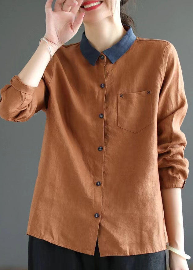 Orange Patchwork Linen Blouses Peter Pan Collar Long Sleeve