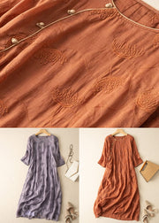 Orange Patchwork Linen Dresses Embroidered Button Bracelet Sleeve