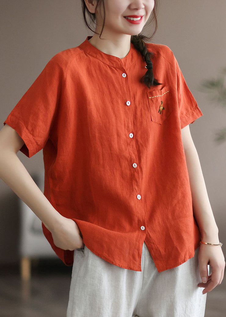 Orange Patchwork Linen Shirt Top Embroideried Button Summer