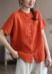 Orange Patchwork Linen Shirt Top Embroidered Button Summer