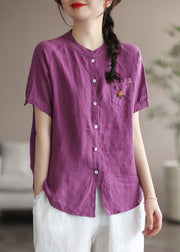 Orange Patchwork Linen Shirt Top Embroideried Button Summer