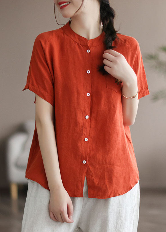 Orange Patchwork Linen Shirt Top Embroidered Button Summer