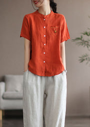 Orange Patchwork Linen Shirt Top Embroideried Button Summer