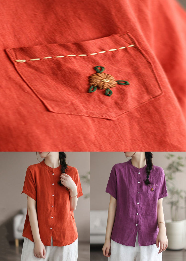 Orange Patchwork Linen Shirt Top Embroideried Button Summer