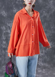 Orange Patchwork Linen Shirt Tops Peter Pan Collar Summer