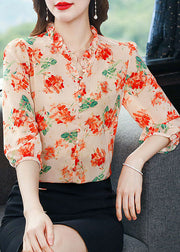 Orange Patchwork Print Silk Shirts V Neck Ruffled Summer