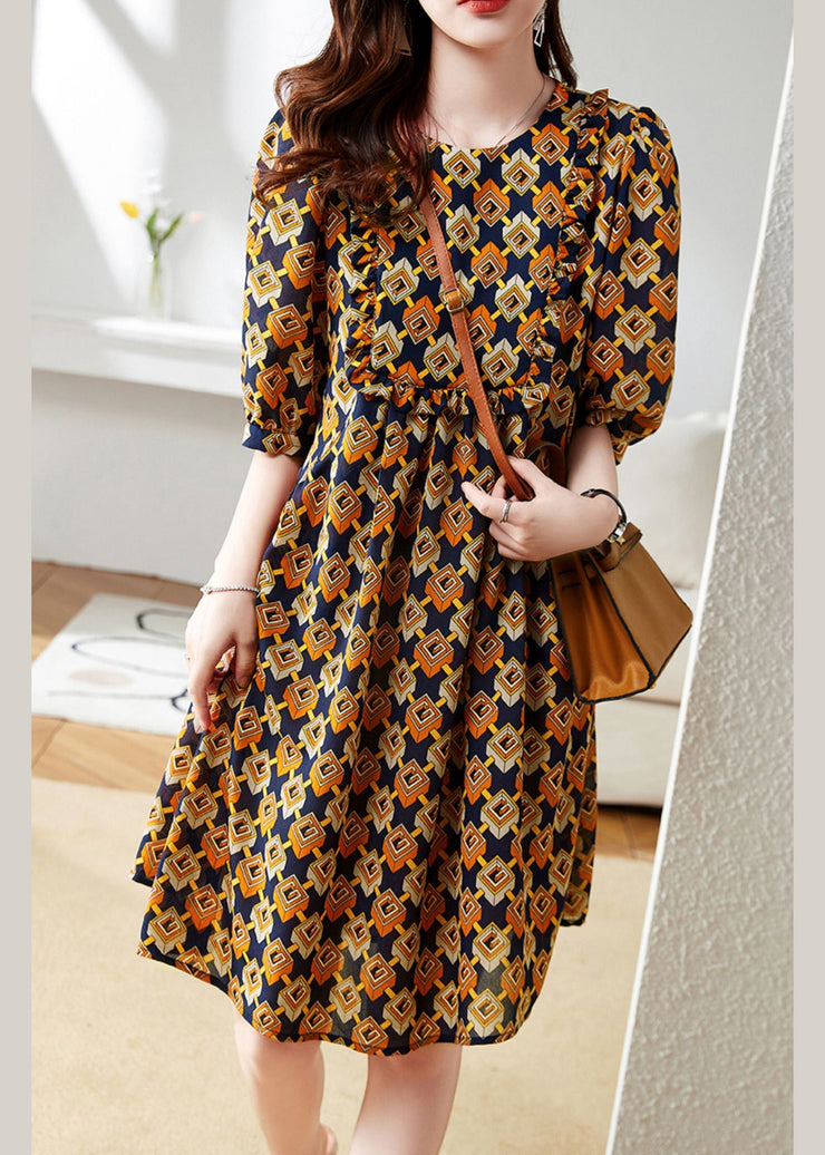 Orange Patchwork Ruffled Long Dress Short Sleeve