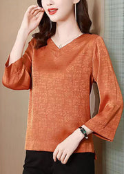 Orange Patchwork Silk Blouse Top V Neck Bracelet Sleeve