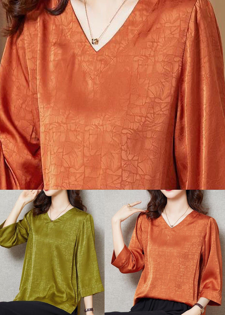 Orange Patchwork Silk Blouse Top V Neck Bracelet Sleeve