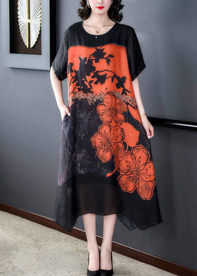 Orange Patchwork Silk Dresses O Neck Asymmetrical Design Summer