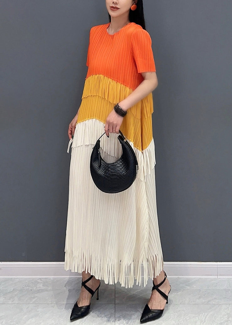 Orange Patchwork Silk Long Dress Tasseled O-Neck Summer