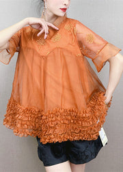 Orange Patchwork Tulle Top Embroidered Ruffled Stand Collar Summer