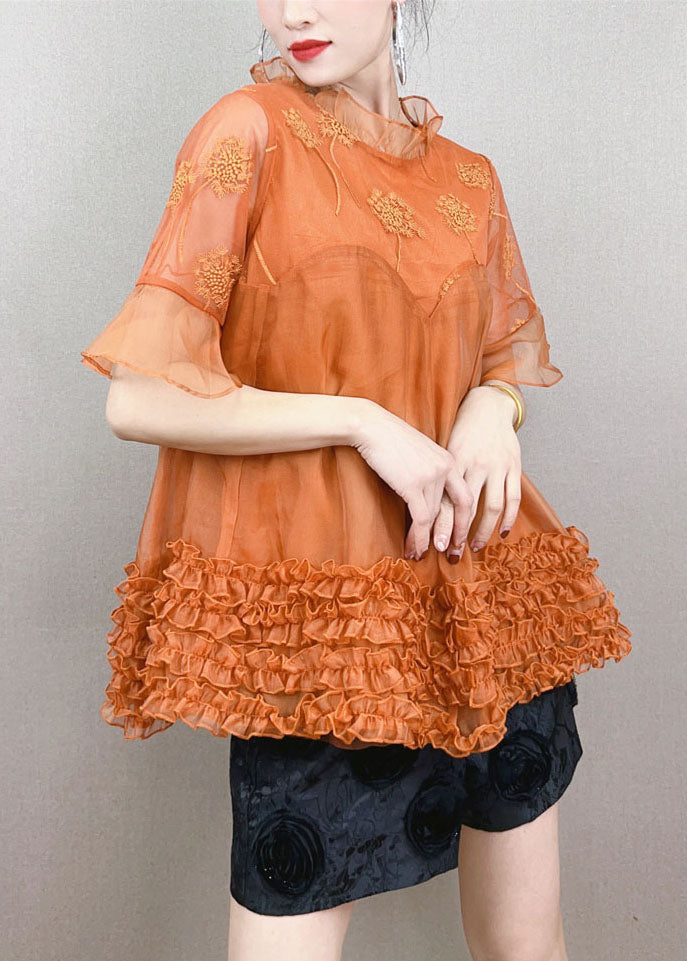 Orange Patchwork Tulle Top Embroideried Ruffled Stand Collar Summer