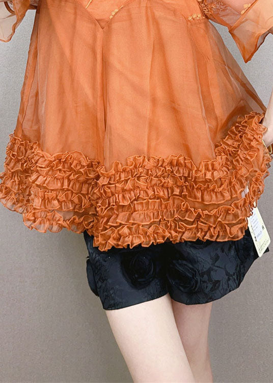 Orange Patchwork Tulle Top Embroidered Ruffled Stand Collar Summer