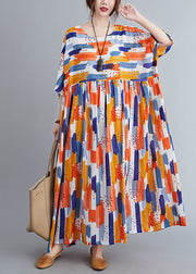 Orange Patchwork Wrinkled Maxi Dress Half Sleeve